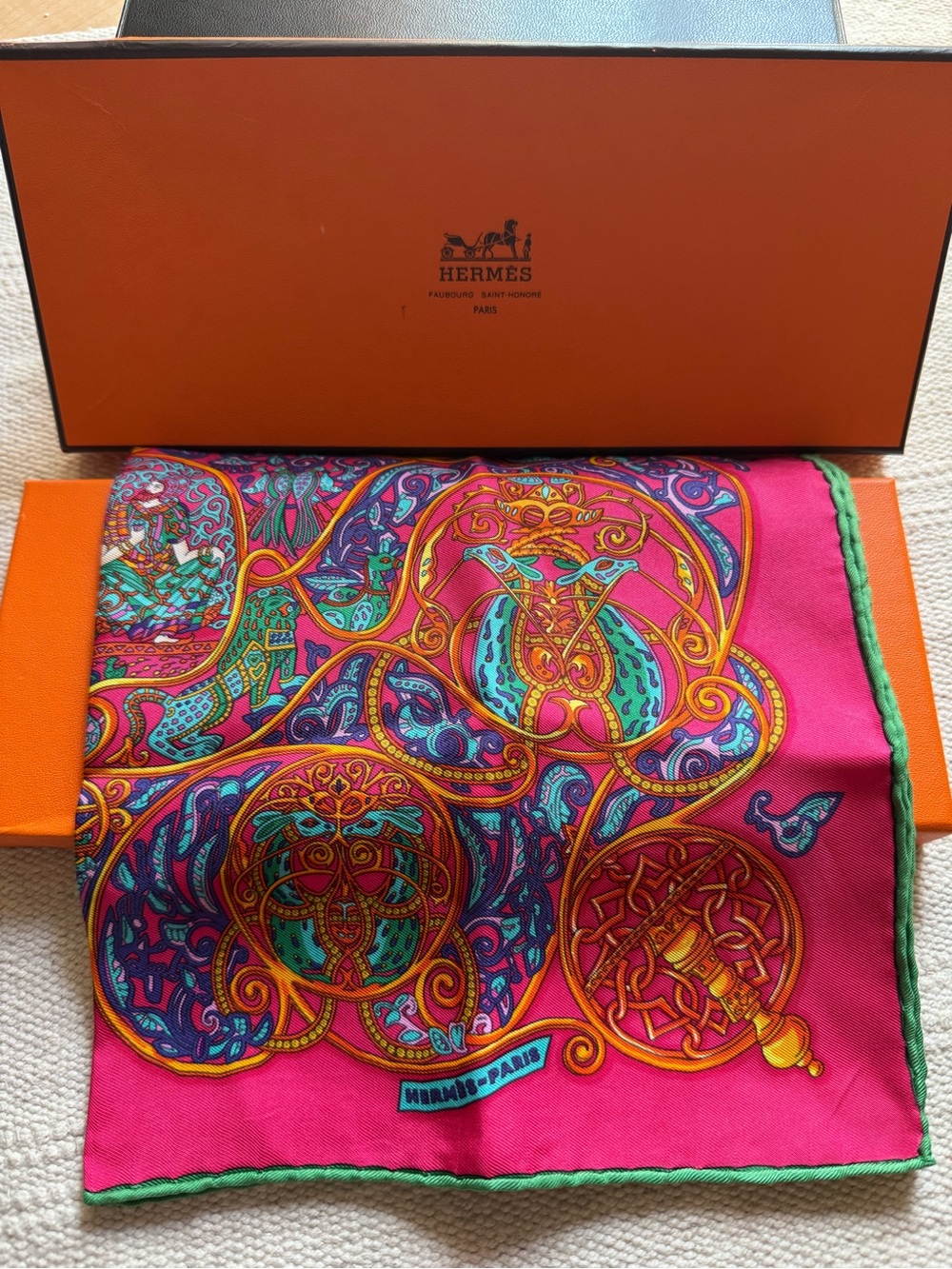 Hermes Pink Silk Square Scarf with Multicolor Equestrian Motif